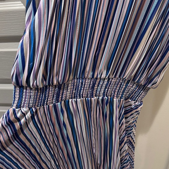 White House Black Market Navy and Warm Tones Gold Striped Halter Dress - Picture 12 of 15